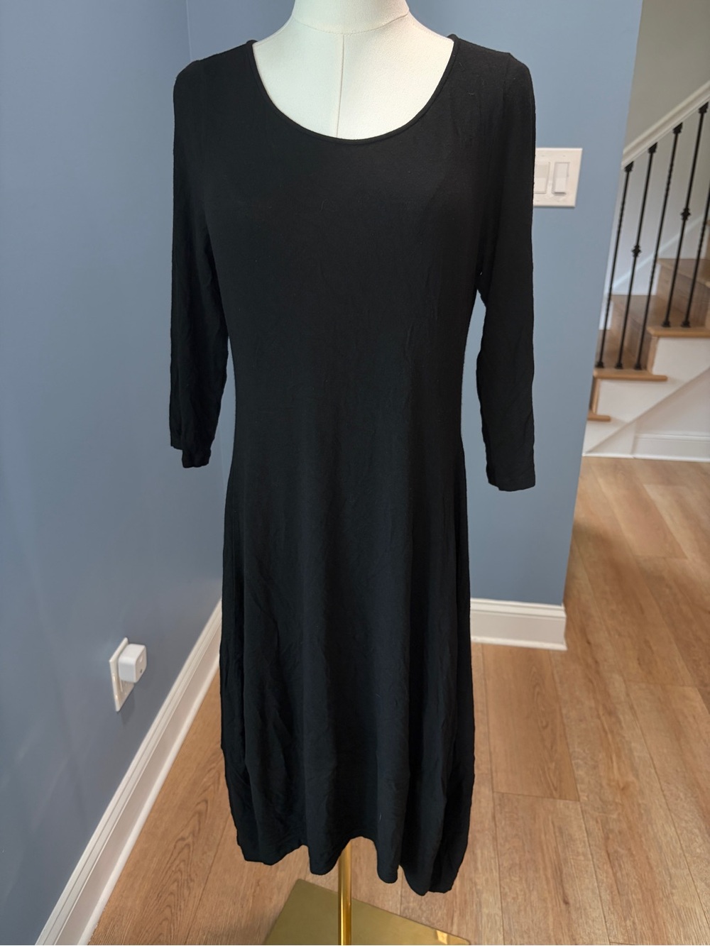 Eileen Fisher Black Stretch Jersey Balloon Hem Midi Dress 3/4 Sleeve Small